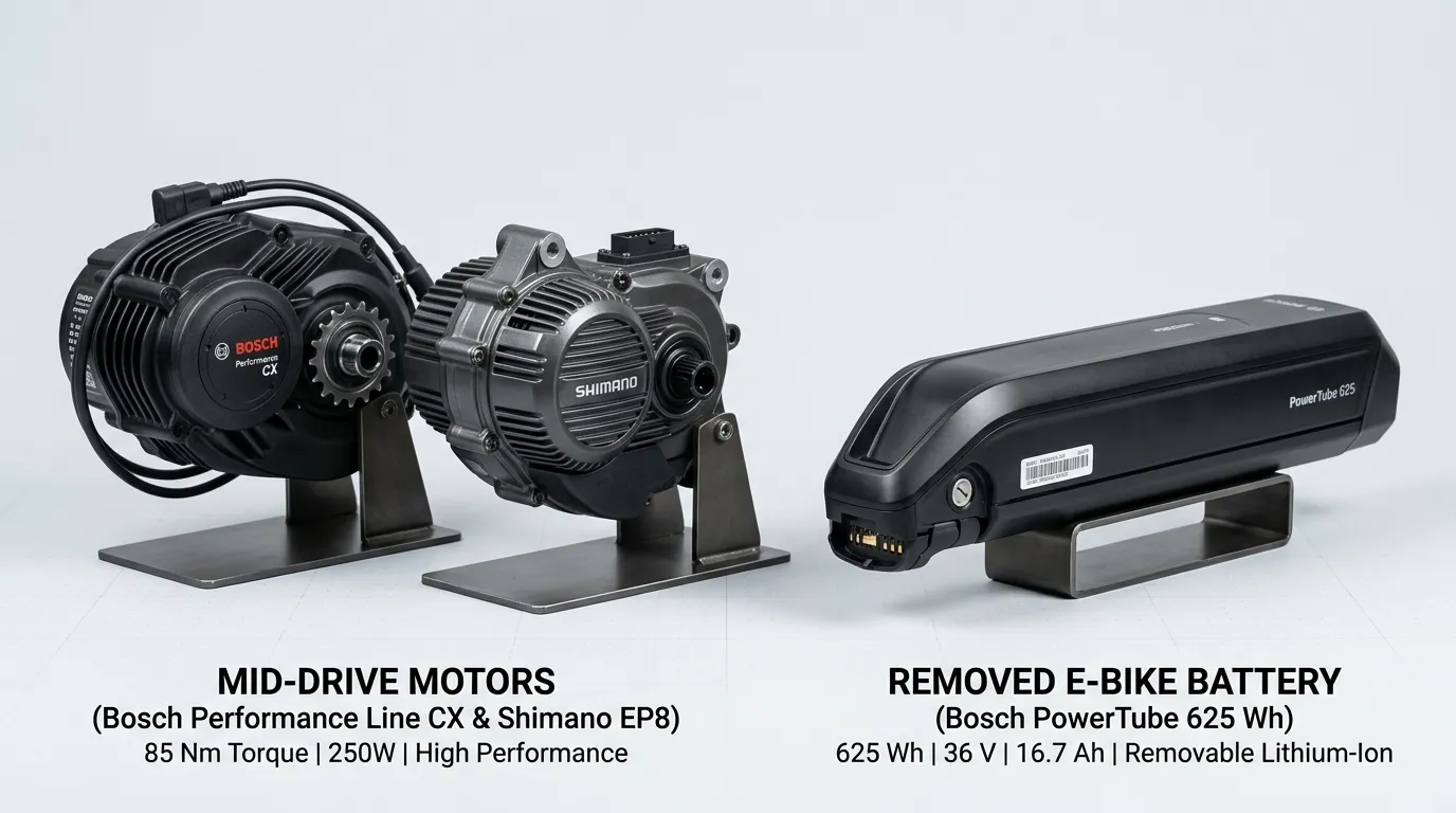 Srovnání motorů Bafang a Shimano na elektrokolech Mountfield a ukázka vyjmuté baterie.