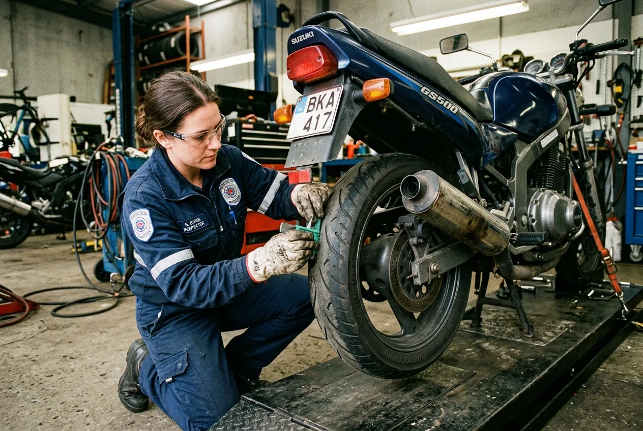 Technik kontroluje rozměr pneumatik a laděný výfuk na motocyklu