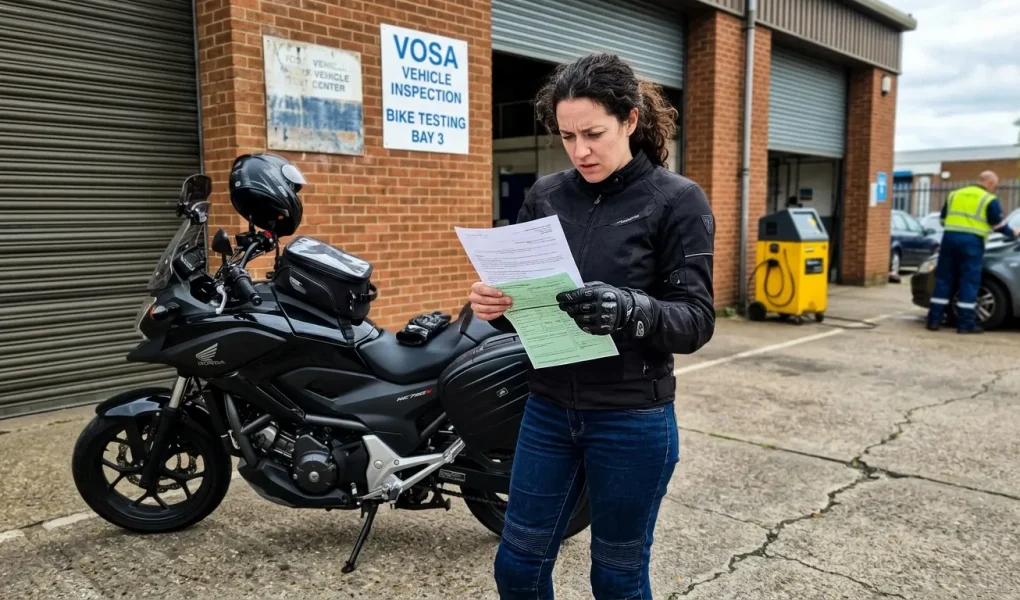 Motorkář s doklady přijíždí na stanici technické kontroly STK