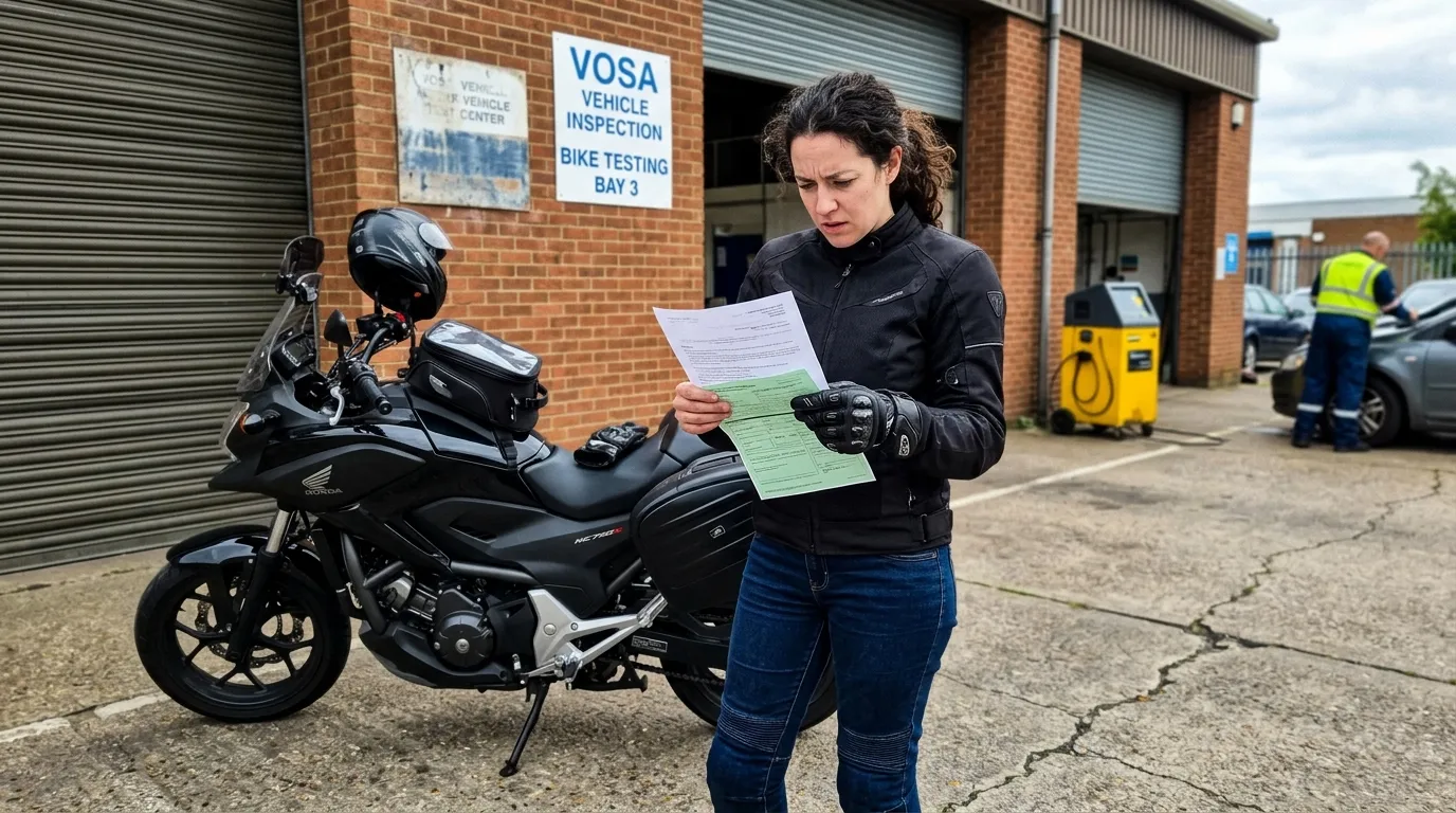 STK motocykle 2024: 7 Nejhloupějších chyb a jak bez stresu projít kontrolou 2 Motorkář s doklady přijíždí na stanici technické kontroly STK